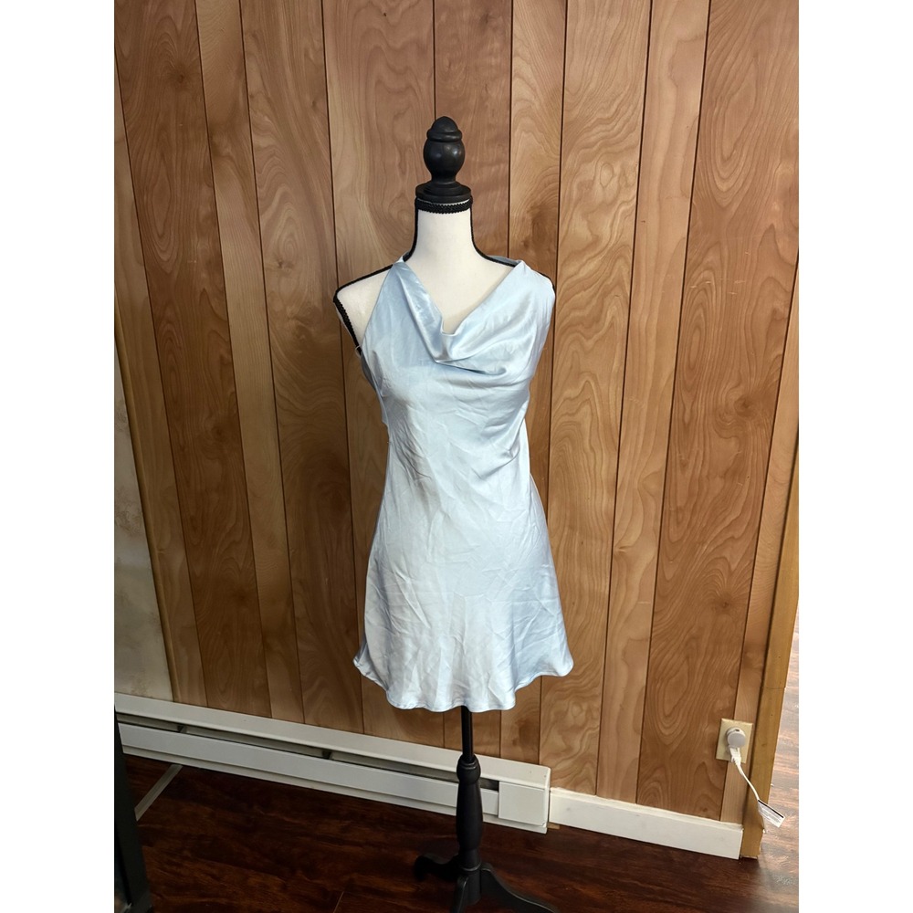 Altar'd State Womens Light Blue Satin‎ Cowl Neck Open Back Tie Mini Dress S